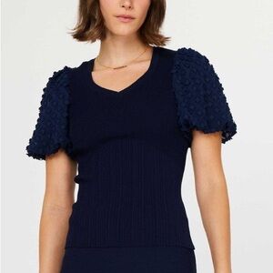 Current Air NWOT Navy Textured French Puff Sleeve Knit Top, Sample Size S